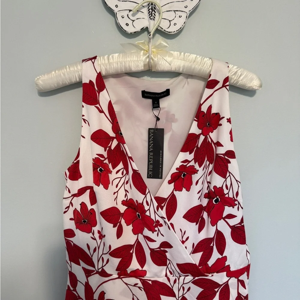 Banana Republic Dress Red and White Floral Leaf Faux Crossover Size 4 NWT - Picture 4 of 13